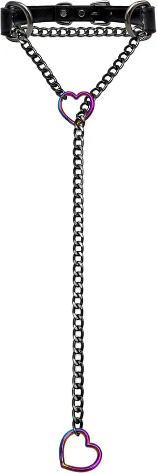 Black Leather Choker Collar For Women, Handmade Heart Slip Chain Choker Long Necklace with Adjustable Buckle