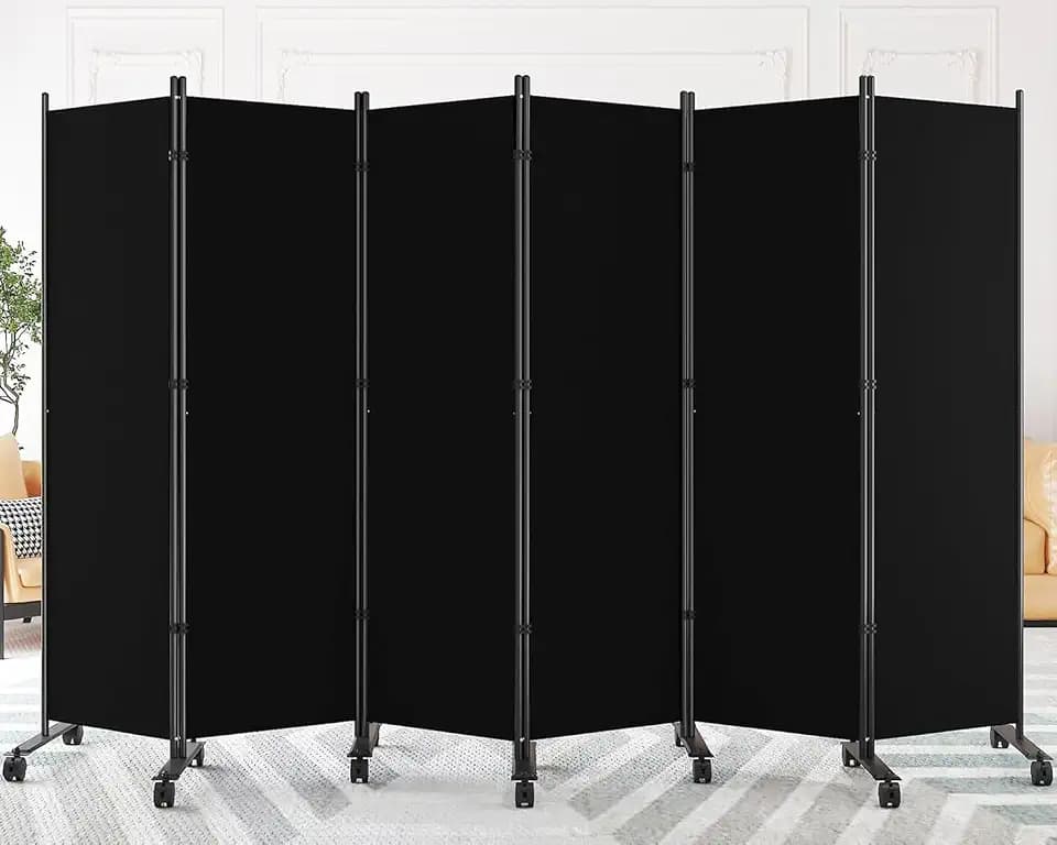 SUNALLY Room Divider Privacy Screens, 6 Panels Dividers with Wheels, Black