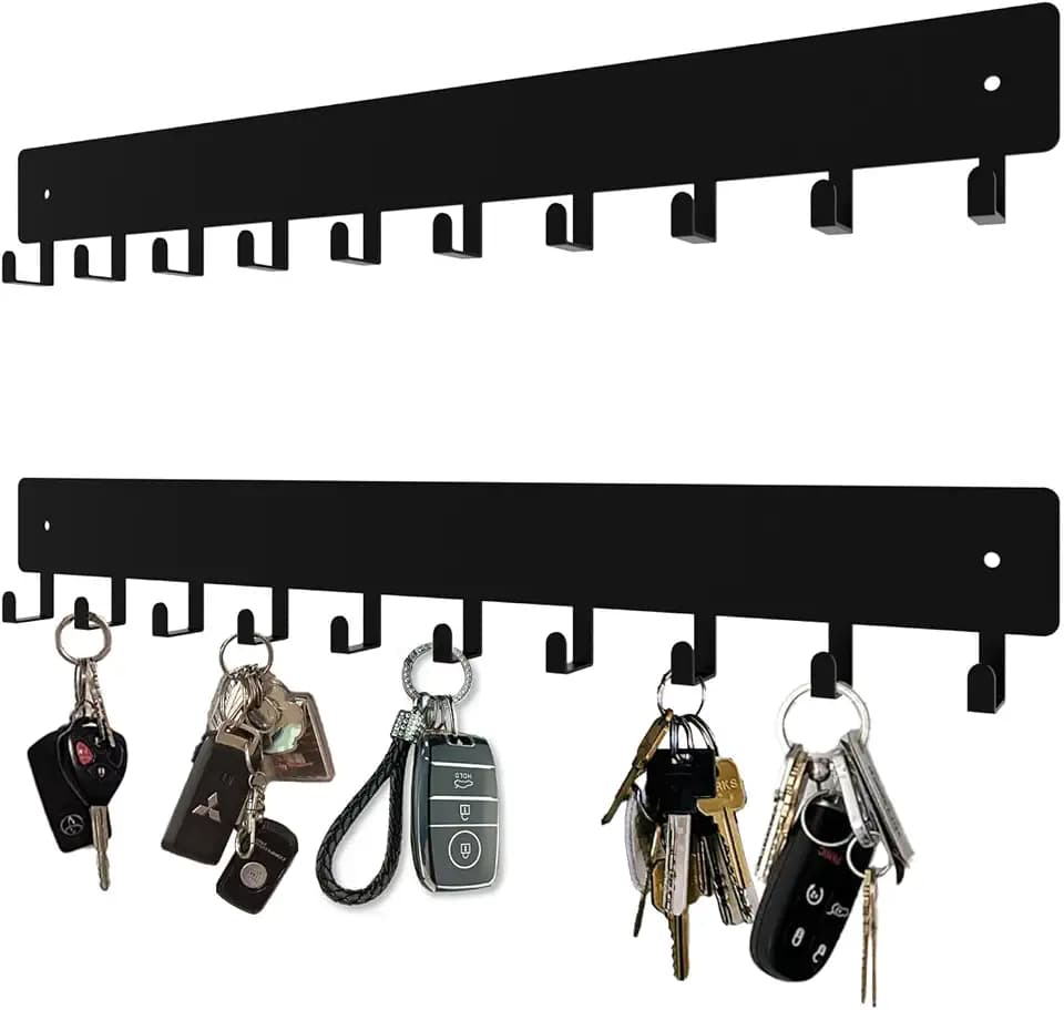 14inch Wall Key Holder with 10 Hooks(2 Sets), Metal Key Rack Wall Mount for Keys, Bags and Leashes, Key Hanger for Decorative Organizer Apartment,Entryway,livingroom,Black