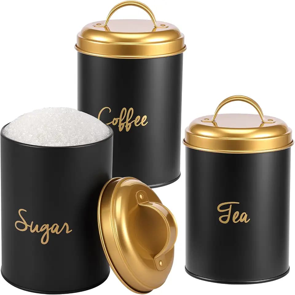 3 Pack Metal Tea Coffee Sugar Canister Set with Airtight Lid, Sugar Coffee Tea Kitchen Canisters With Handle, Labelled Food Storage Container Set for Kitchen Accessories and Essentials