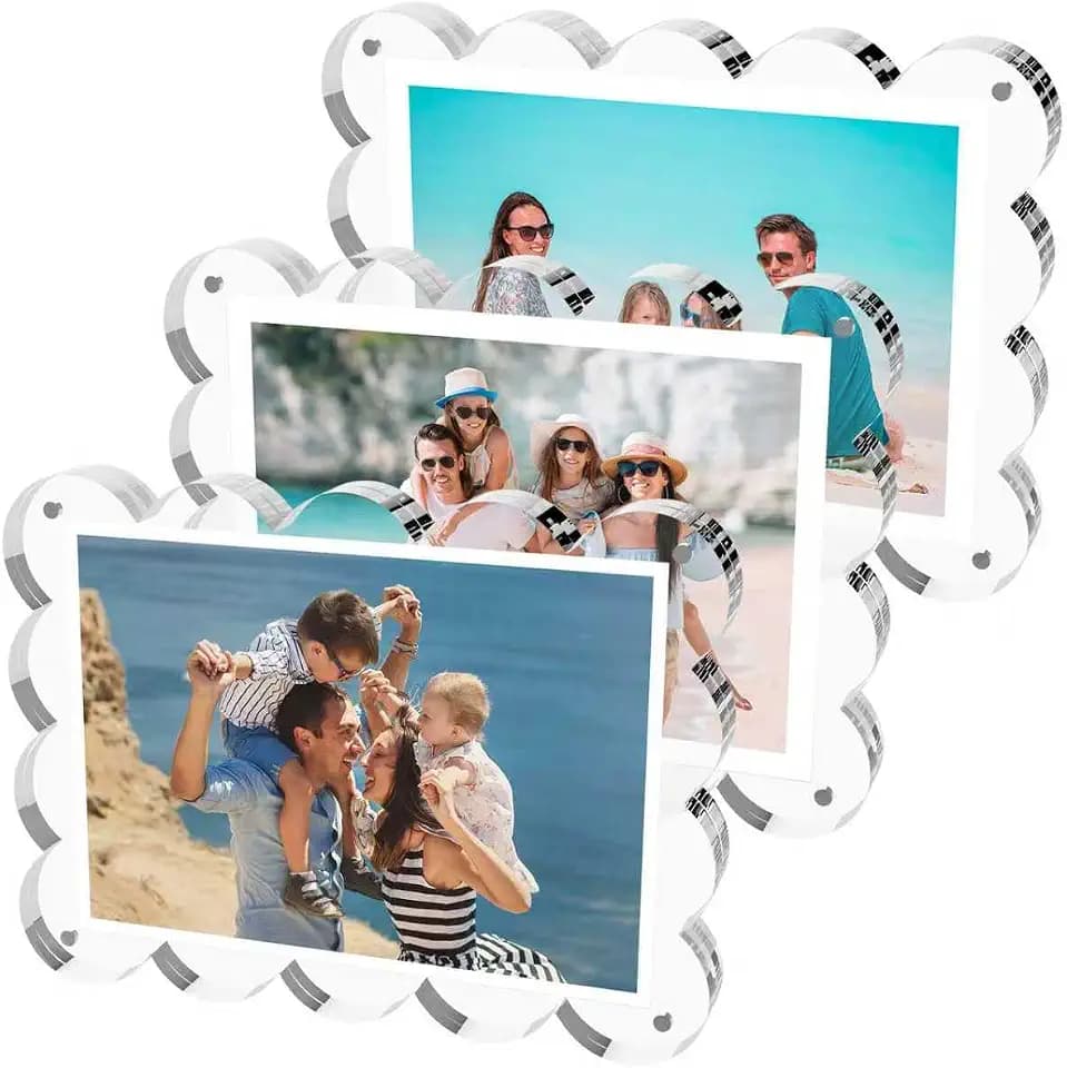 2x3 Acrylic Picture Frame,Clear Scalloped Magnetic Picture Frame for Wedding,2.5x3.5 Small Double Sided Frameless Photo Frame for Desktop Free Standing(3Pack