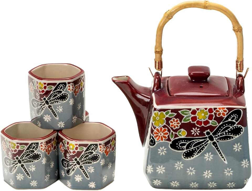 Urban Tokyo Japanese Style Cube Shape 20oz Porcelain Tea Set Teapot with Strainer, Wooden Handle and 4 Hexagon Tea Cups, Dragonfly Tombo Floral Design