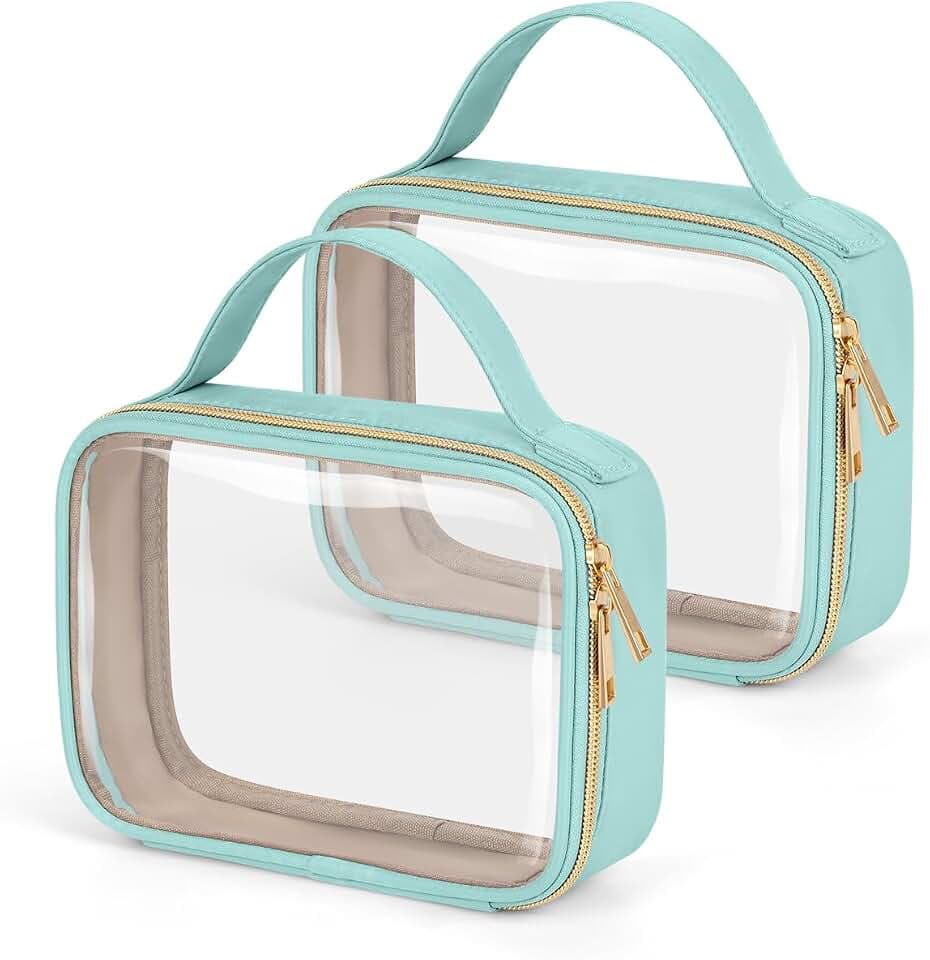 Wedama TSA Approved Toiletry Bag, 2 Pack Clear Makeup Bags with Handles, Quart Size PVC Clear Cosmetic Bags for Women and Men, Carry on Airport Airline Compliant Bag, Cyan Green