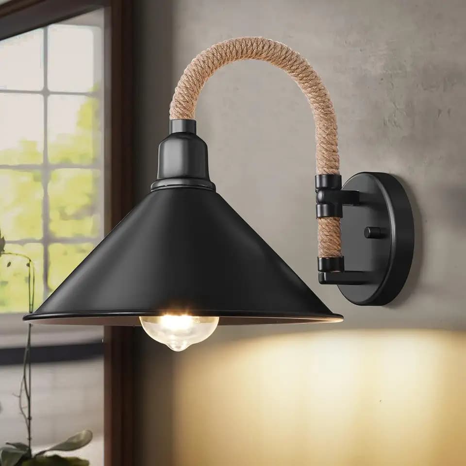 N03 Black Gooseneck Wall Sconce Industrial Indoor Wall Light Fixture Rustic Wall Mount Light for Entrance Porch Kitchen Sink Living Room Farmhouse Barn Lights with Hemp Rope Woven Gooseneck