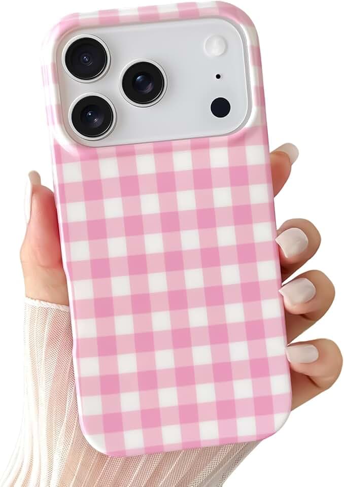 Skyseaco Pink Gingham Phone Case for iPhone 17 Pro, Shockproof TPU Cover