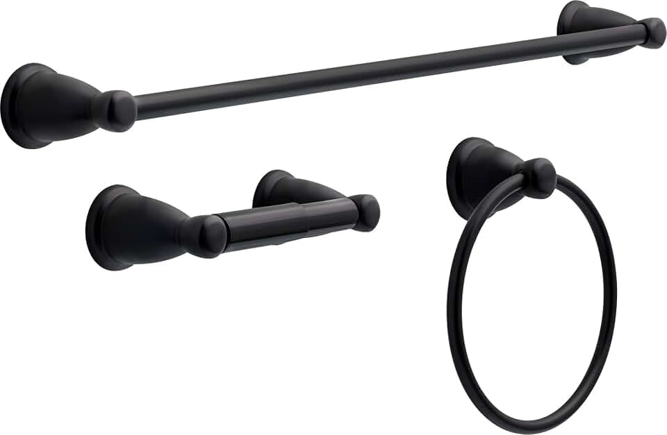Franklin Brass 3-Piece Matte Black Bathroom Set Towel Rack, Ring, Toilet Paper Holder| Kinla Bath Accessories