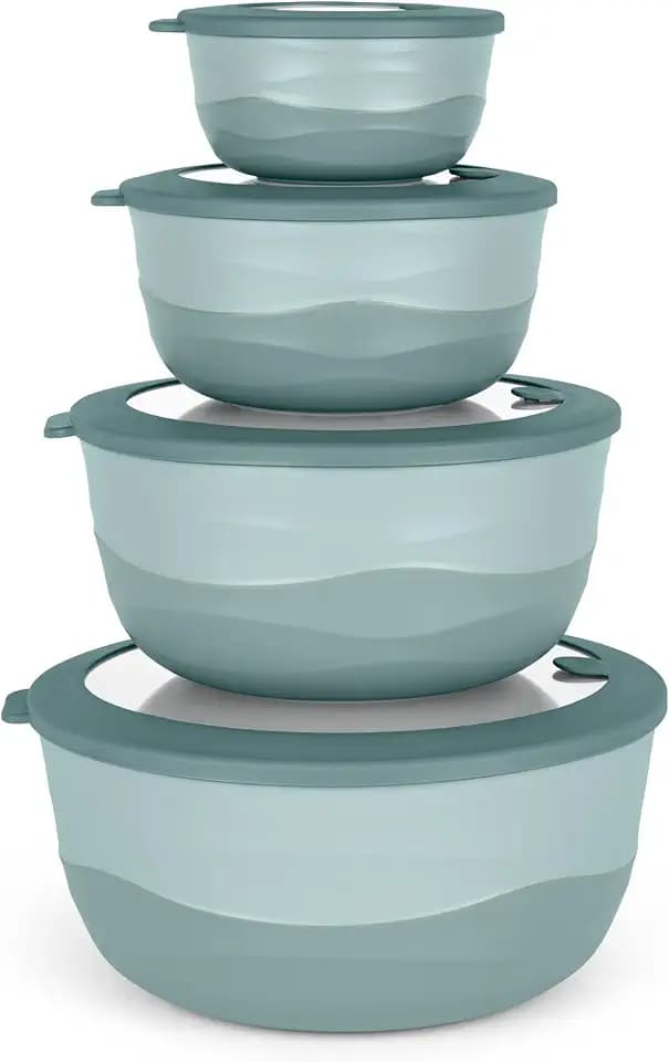 Pera Plastic Mixing Bowls with Lids - 8-Piece Airtight Leak-Proof Nesting BPA-Free Prep Bowl Set for Kitchen & Food Storage, Large 4200ml Capacity, Microwave & Dishwasher Safe (Blue)
