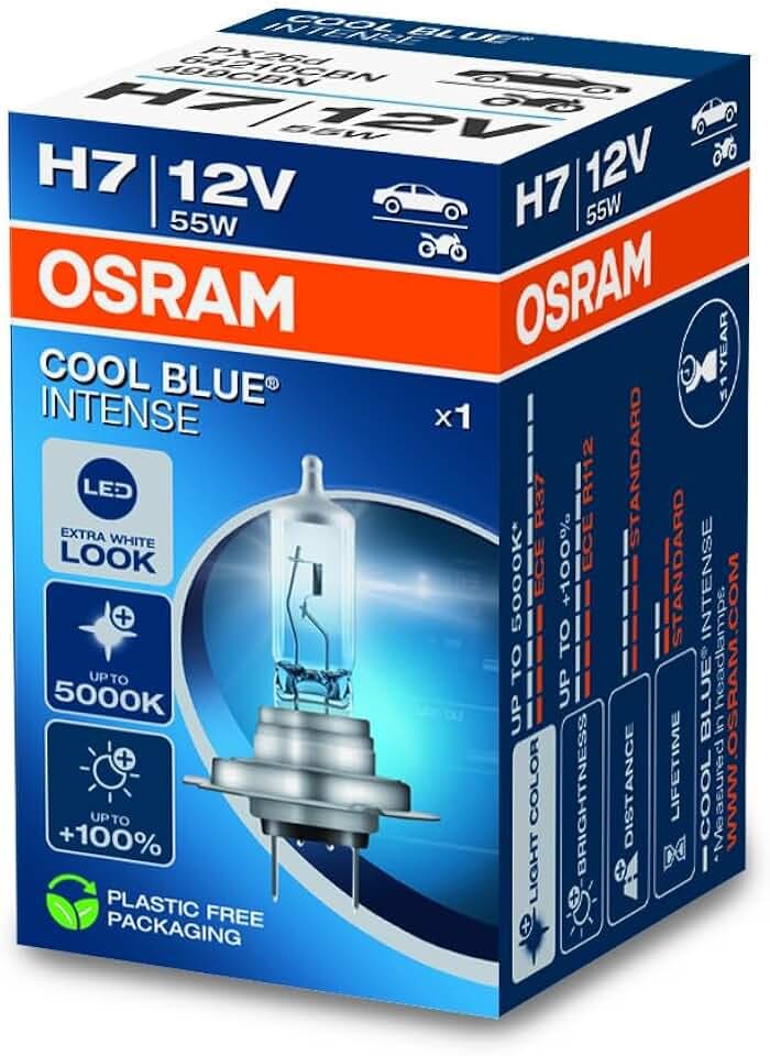 Osram COOL BLUE® INTENSE H7, +100% mehr Helligkeit, bis zu 5.000K, Halogen-Scheinwerferlampe, LED-Look, Faltschachtel (1 Lampe)