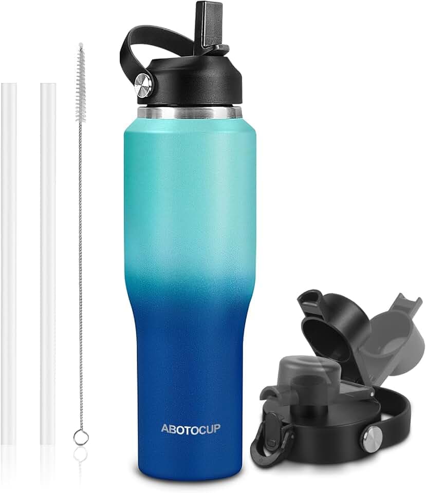 ABOTOCUP Insulated Water Bottle 32oz with Straw/Spout Lids, Stainless Steel Water Bottles Keep Cold 24h&Hot 12h, Metal Water Bottle with Straw that Fits in Cup Holder, Water Bottle Leak-proof,BPA Free
