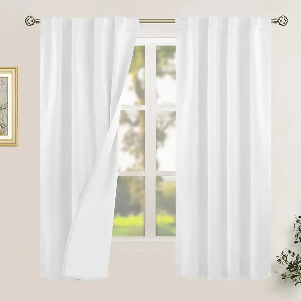 LAMIT White 100% Blackout Linen Bedroom Curtains 63 Inches 2 Panels