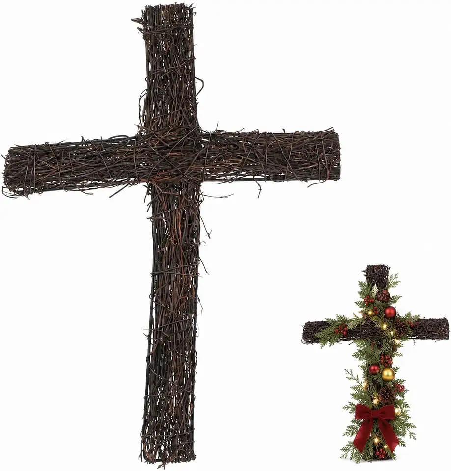 Alipis Cross Shape Grapevine Wreath, Easter Rattan Cross Wreath Frame Flower Rings DIY Wall s Decoration Rattan Garland Vine Branch for Easter Party