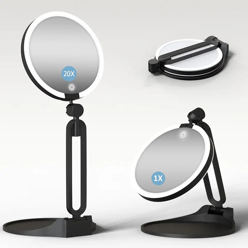 Magnifying Mirror with Light 20X/1X, Double Sided Travel Makeup Mirror with Lights and Magnification, Rechargeable 3 Colors Dimming Lighting, Large Size of 6inch, Foldable Design, 360°Angle Adjustable