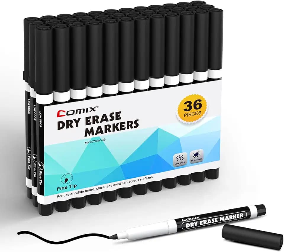 Comix Black Dry Erase Markers Fine Tip, Whiteboard Markers, 36 Count