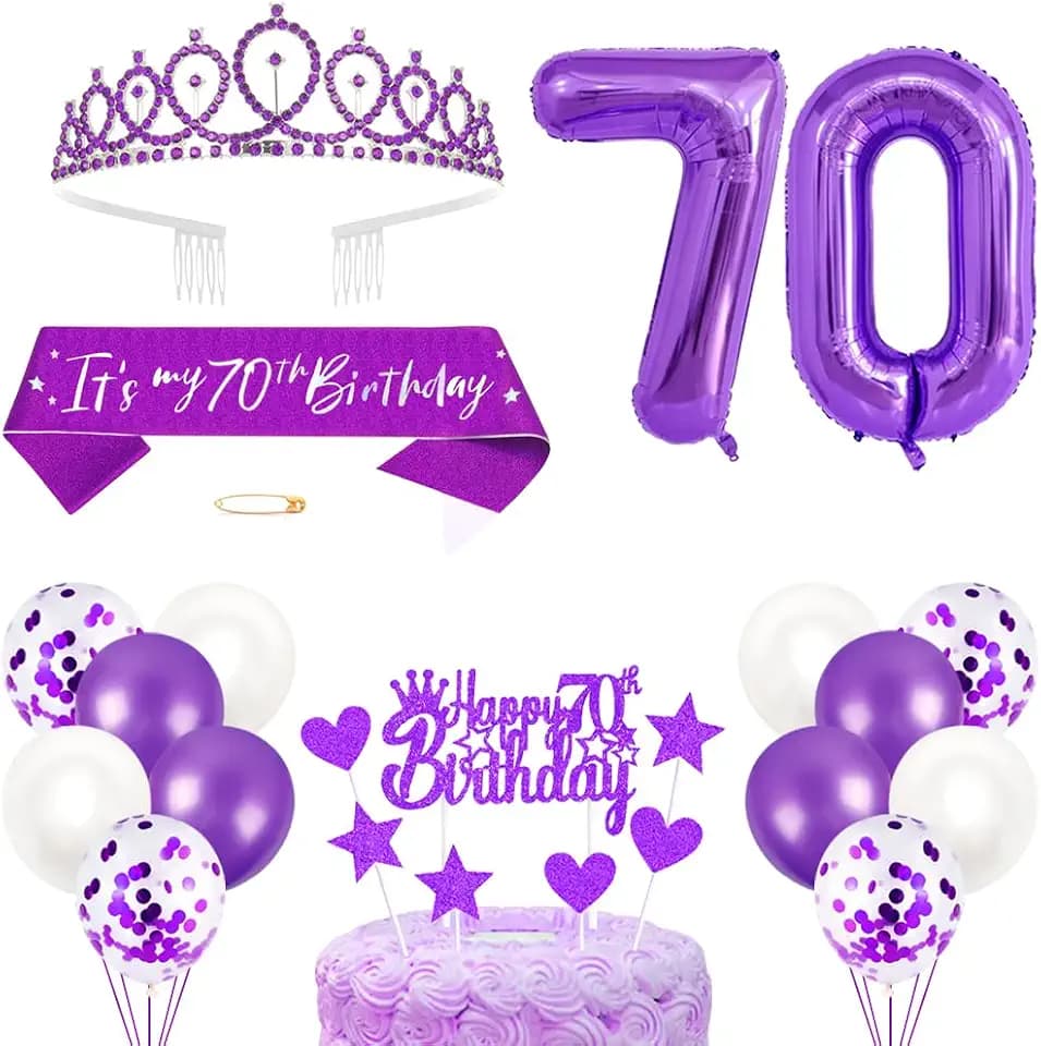 70th Birthday Decorations Women's Birthday Princess Crown Queen Tiara Birthday Sash Birthday Headbands Cake Toppers Number Balloons Decorations Set for 70 Years Old Birthday Party Supplies