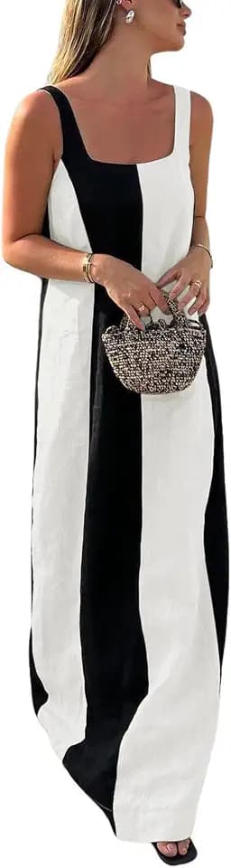 CHARTOU Women Summer Sleeveless Linen Dress Contrast Color Maxi Long Beach Vacation Tank Dress