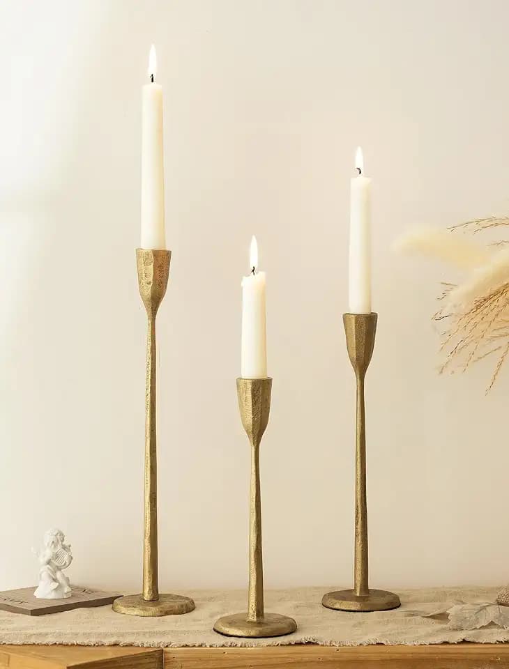 Romadedi Gold Candle Holder, Brass Color, Cast Iron Vintage Decor, Set of 3