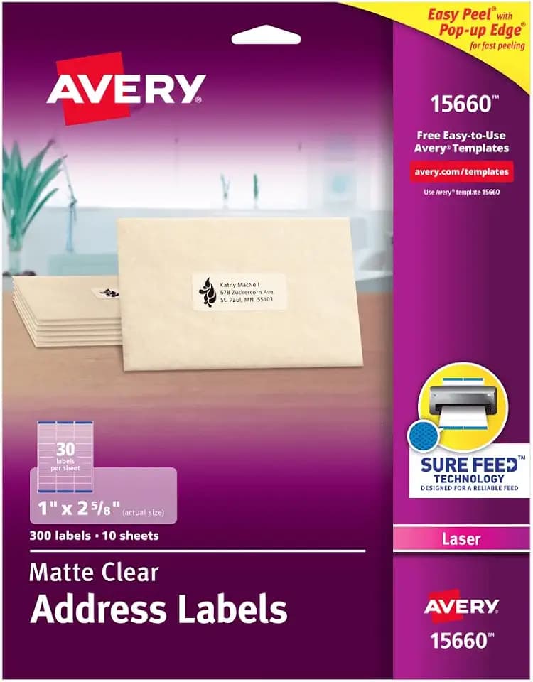 Avery Clear Easy Peel Address Labels for Laser Printers 1" x 2-5/8", Pack of 300 (15660)