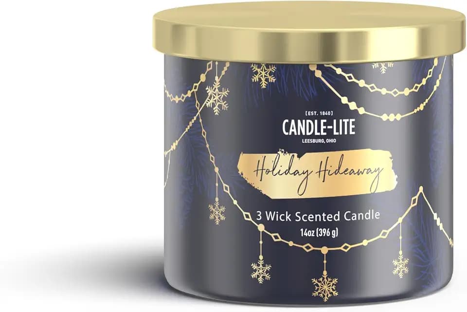 Candle-lite Scented Candles, Holiday Hideaway Scent, 14 oz 3-Wick Jar Candle, Proudly Poured in USA, Christmas Home Decor Candle, 45 Hours of Burn Time, Ideal Gift for Men and Women