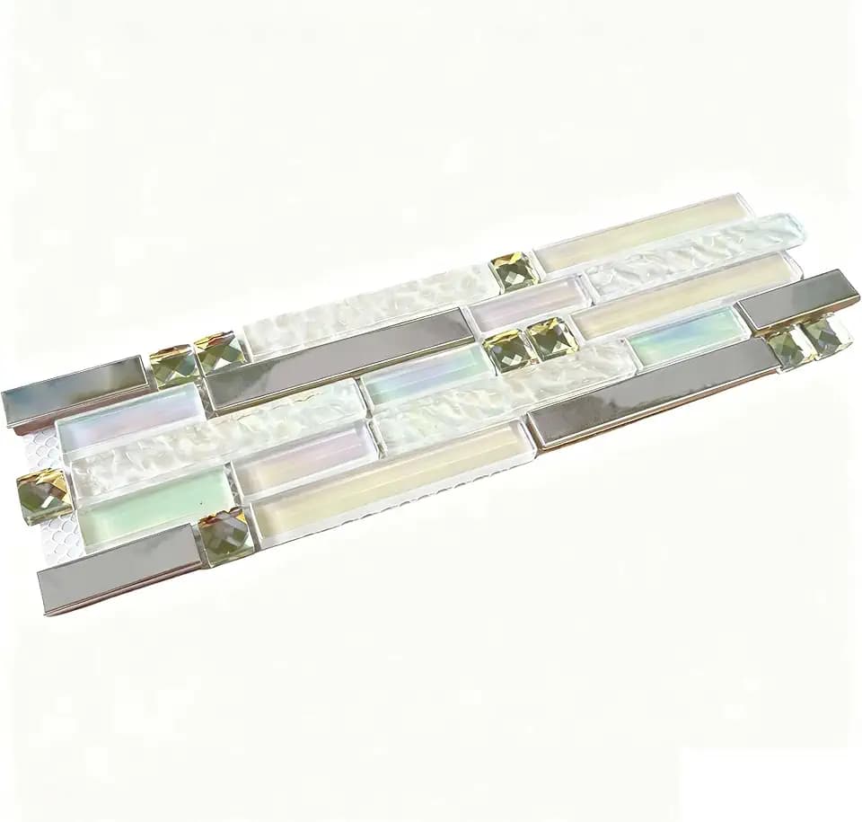 White Silver Glass Metal Kitchen Backsplash Tile Sample