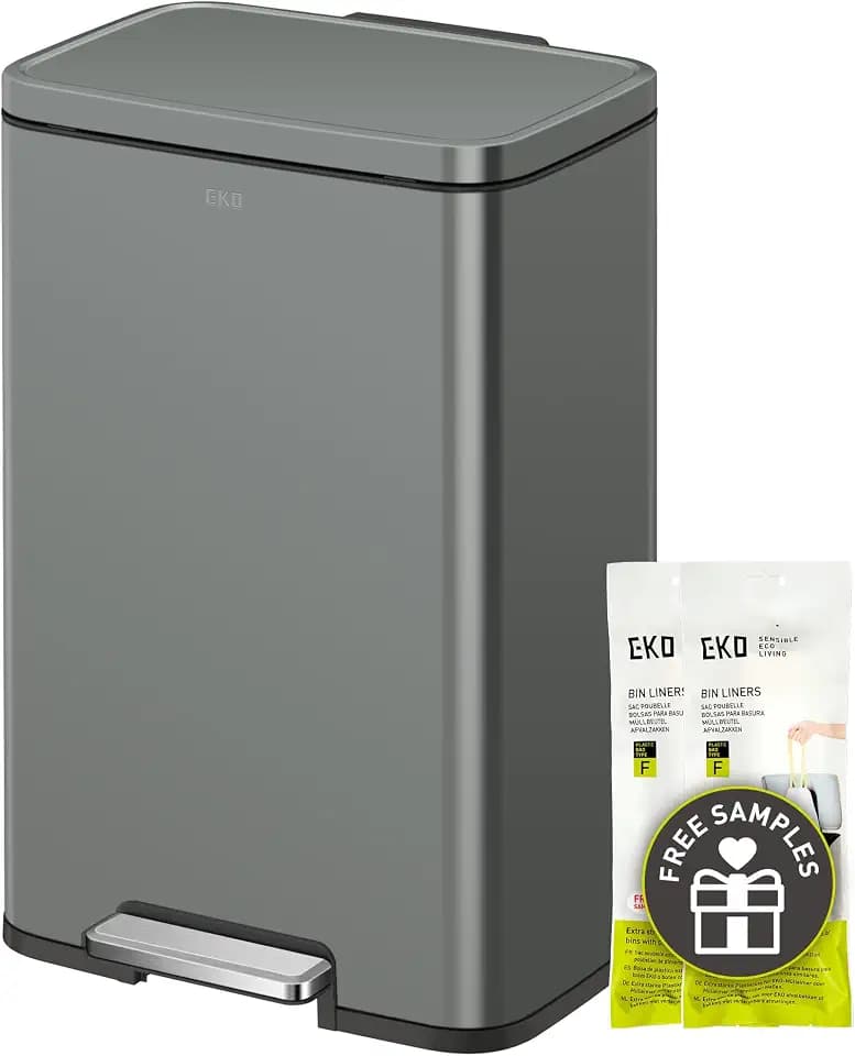 EKO Madison Nardo Grey Stainless Steel 13.2 Gal/50L Kitchen Step Trash Can or Recycling Bin, Removable Inner Liner, Soft Close Lid, Fingerprint Resistant Finish