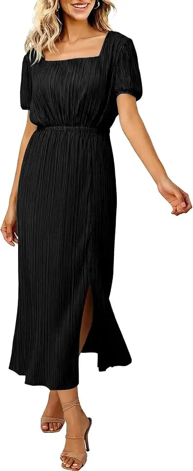 ECOWISH Women Maxi Dresses Cocktail Party Wedding Guest Formal Pleated Long Dress Short Sleeve Slit Empire Waist Evening Gown