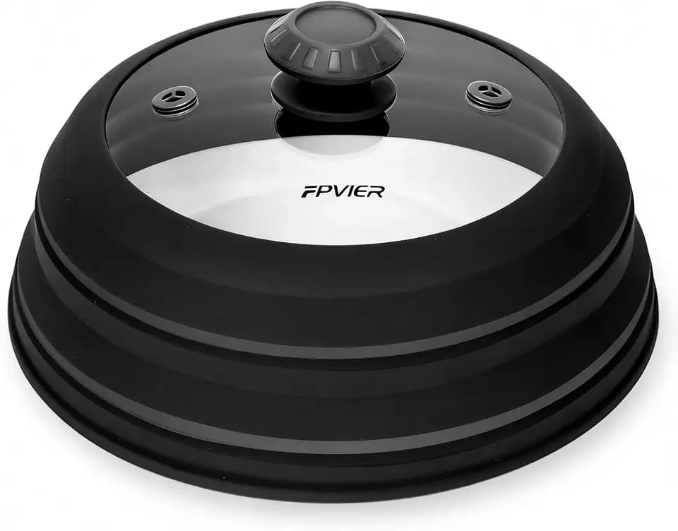Microwave Splatter Cover, Vented Silicone & Glass Anti-Splatter Lid with Handle, Collapsible Food Plate Cover Fits 6–11 Inch Plates and Bowls (Black, 11.8inch)