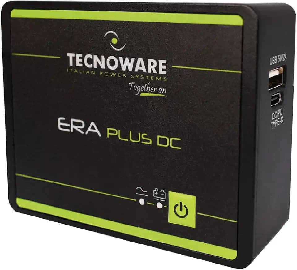 Tecnoware Power Systems Mini UPS ERA Plus DC für WiFi/Modem, Videoüberwachung, Nicht für Gaming-PC/Konsole, USB-C/USB-A, Powerbank 5200mAh, Schutz vor Stromspitzen & Ausfällen bis zu 240 Min
