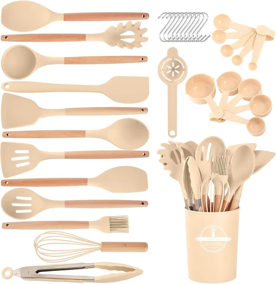 Kitchen Utensils Set - 34 PCS Non-Stick Silicone Cooking Utensils Set Spatula Set with Holder, Wooden Handle Spoon,Brush,Whisk Kitchen Gadgets Tools Set for Nonstick Cookware (Khaki-34P)