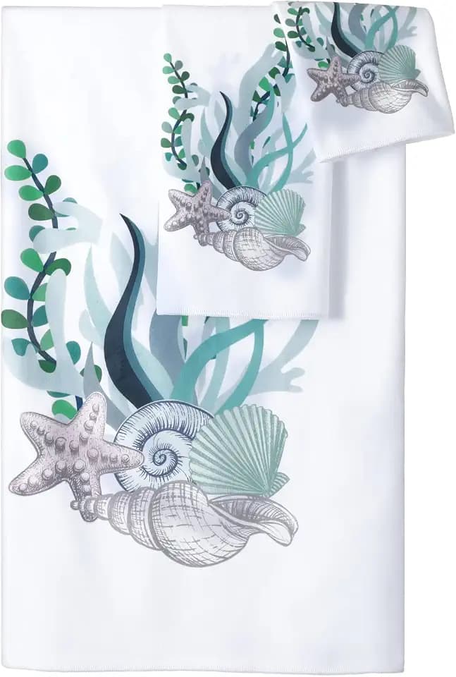 Newwiee 3 Pcs Coastal Bath Towels Ocean Beach Themed Bath Hand Towels Starfish Seashells Absorbent Washcloths 3 Size for Summer Hotel Beach Travel Gym Pool Spa Yoga Camp Kitchen Decor