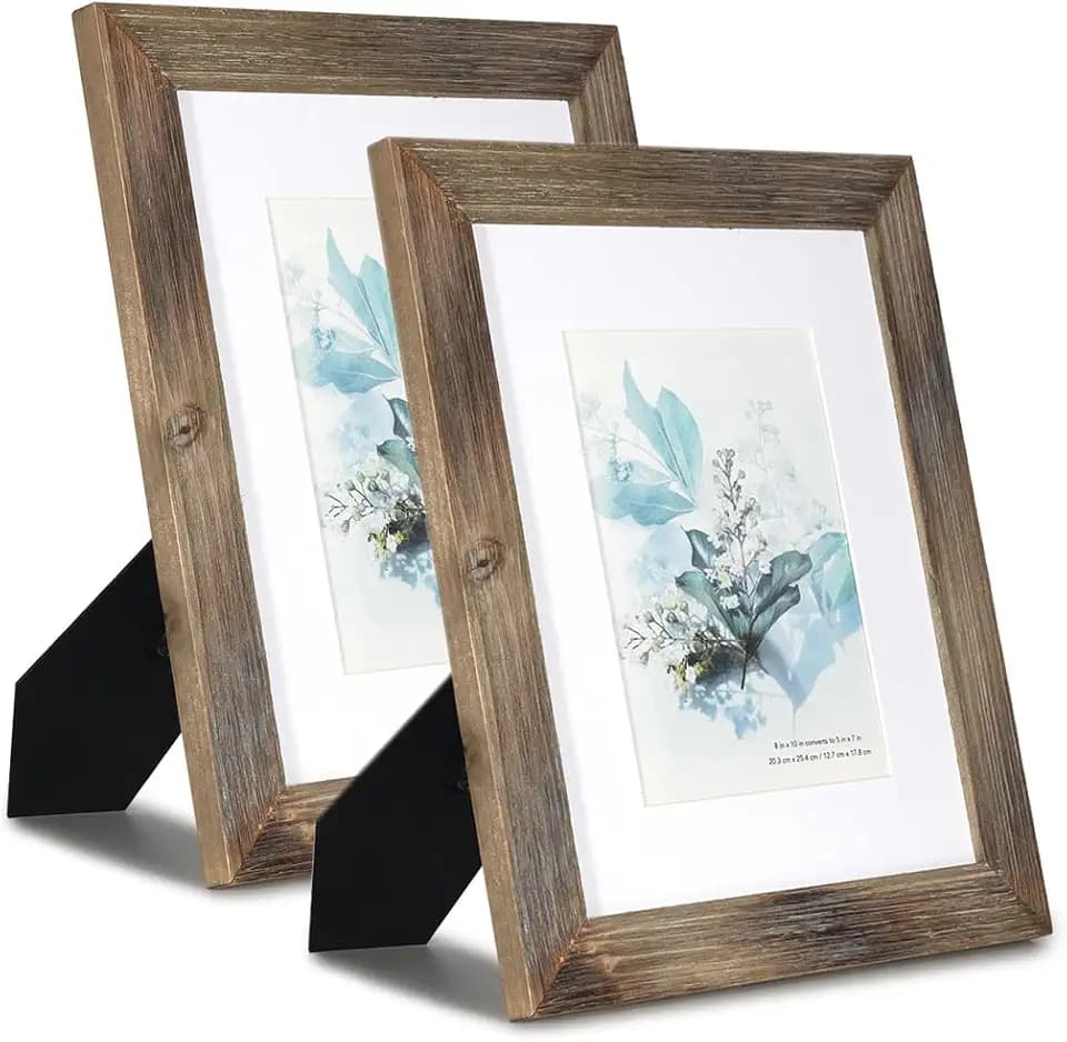 KAIWIN 100% Solid Wood Brown 8x10 Picture Frame 2 Pack - Display Picture 5x7 with Mat, Rustic Wooden Photo Frames for Table Top and Wall Mounting