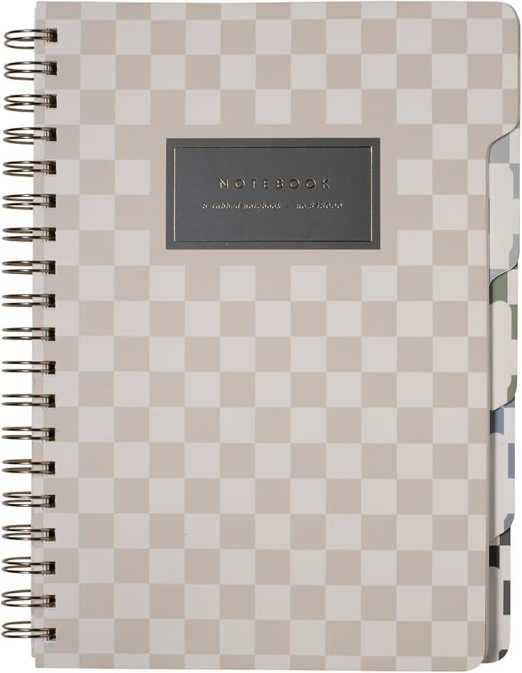 Fringe Studio Large Tab Notebook,"Neutral Checks", Flexible Paperback Cover, 5 Subject/Die-Cut Dividers, 7.25" X 10", 180 Lined Pages, Multicolor (343PA002FSC)