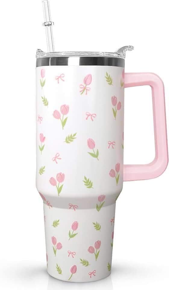 Ceovfoi 40 oz Tulip Bow Tumbler with Handle & Straw, Vacuum Insulated Stainless Steel Flip Top Water Bottle, Floral Tulip Bow Travel Mug, Spring Gifts for Women, Cute Tumbler for Car Cup Holder