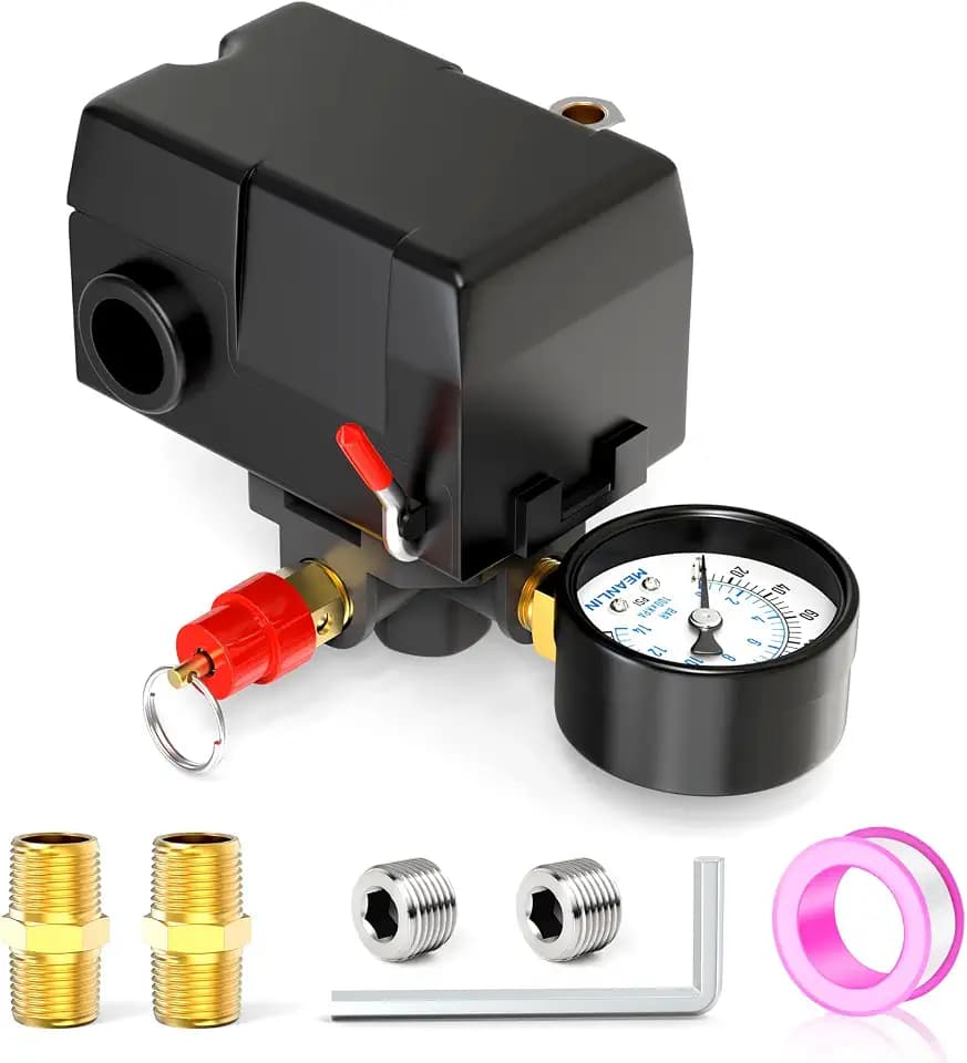 MEANLIN MEASURE Air Compressor Pressure Switch Control Valve 110-150 PSI 110V-240V 4-way Replacement Parts With 0-200 Pressure gauge and Safety Pressure Relief Valve