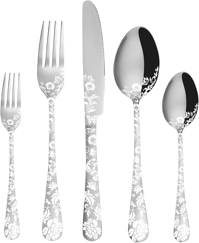 Vilihkc 20 piece Peony Flower Pattern Design Silverware Set, Stainless Steel Flatware Set Service for 4, Silver Cutlery Set, Mirror Polished Utensil Set for Kitchen, Dishwasher Safe