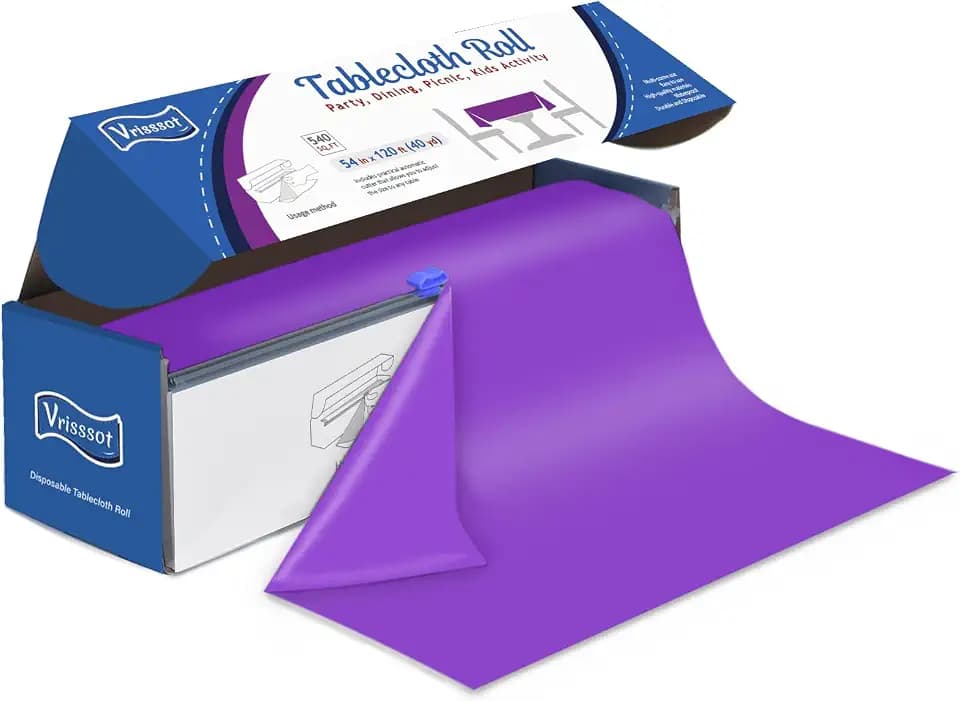 Plastic Table Cover Roll Disposable Tablecloth: 54in X 120ft Table Covers Plastic Table Cover Roll with Easy Slide Cutter Plastic Table Cloths for Parties Disposable-Purple