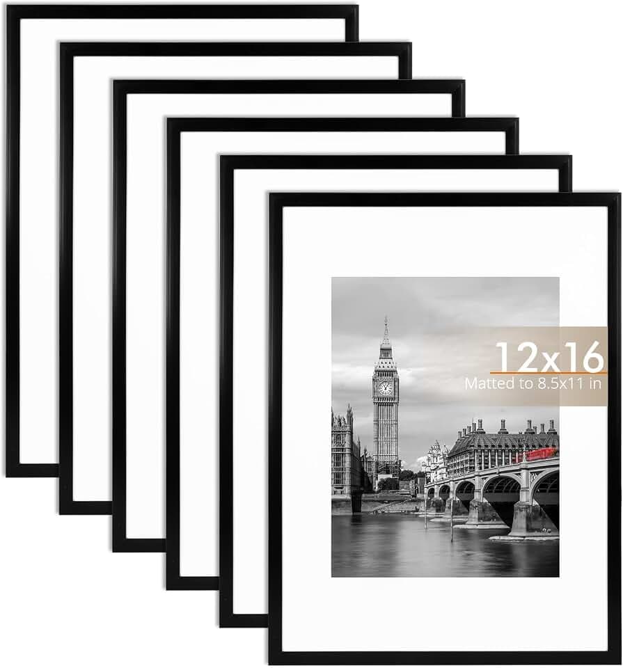 Fixwal 12x16 Picture Frame Set of 6 with Plastic Cover, PVC, Black