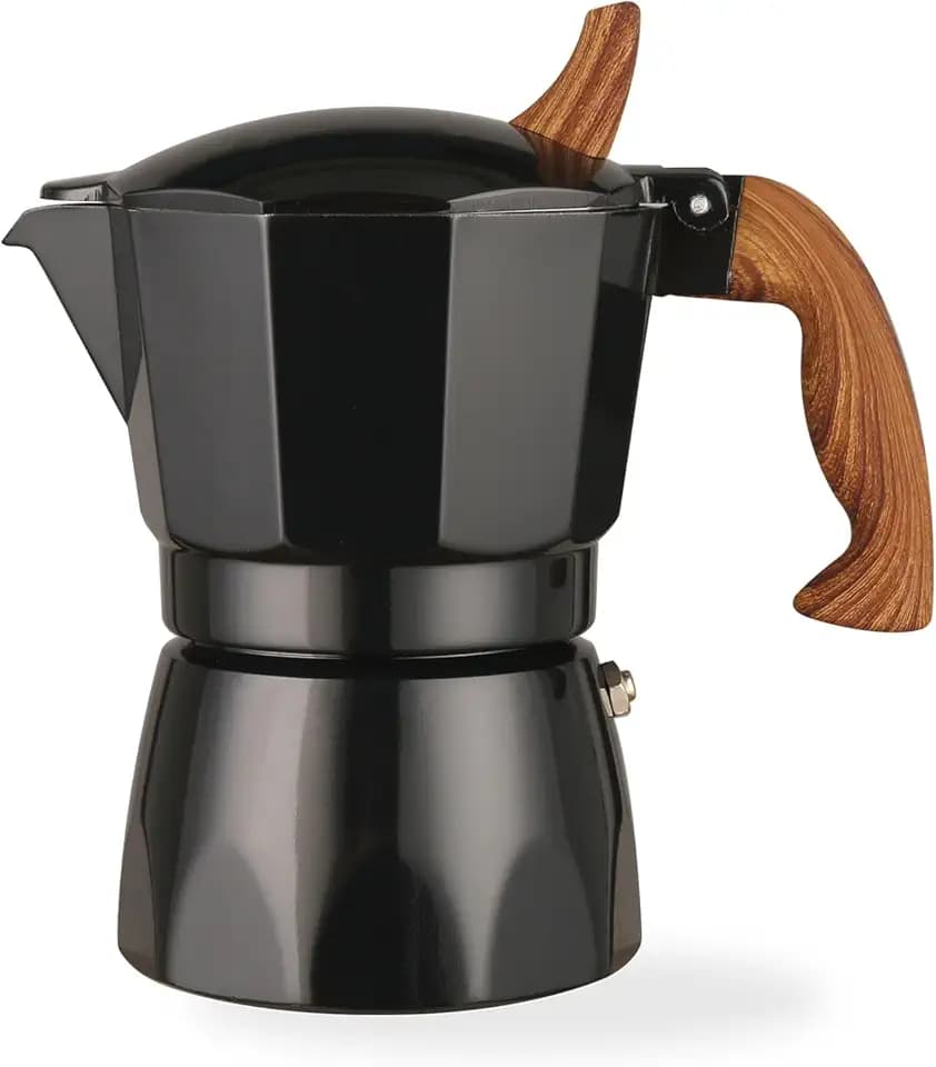 3 Cup Black Moka Pot, Premium Aluminum Stovetop Espresso Maker, Italian Coffee Maker with Wood-Grain Handle for Espresso, Compatible with Gas, Electric & Camping Stoves