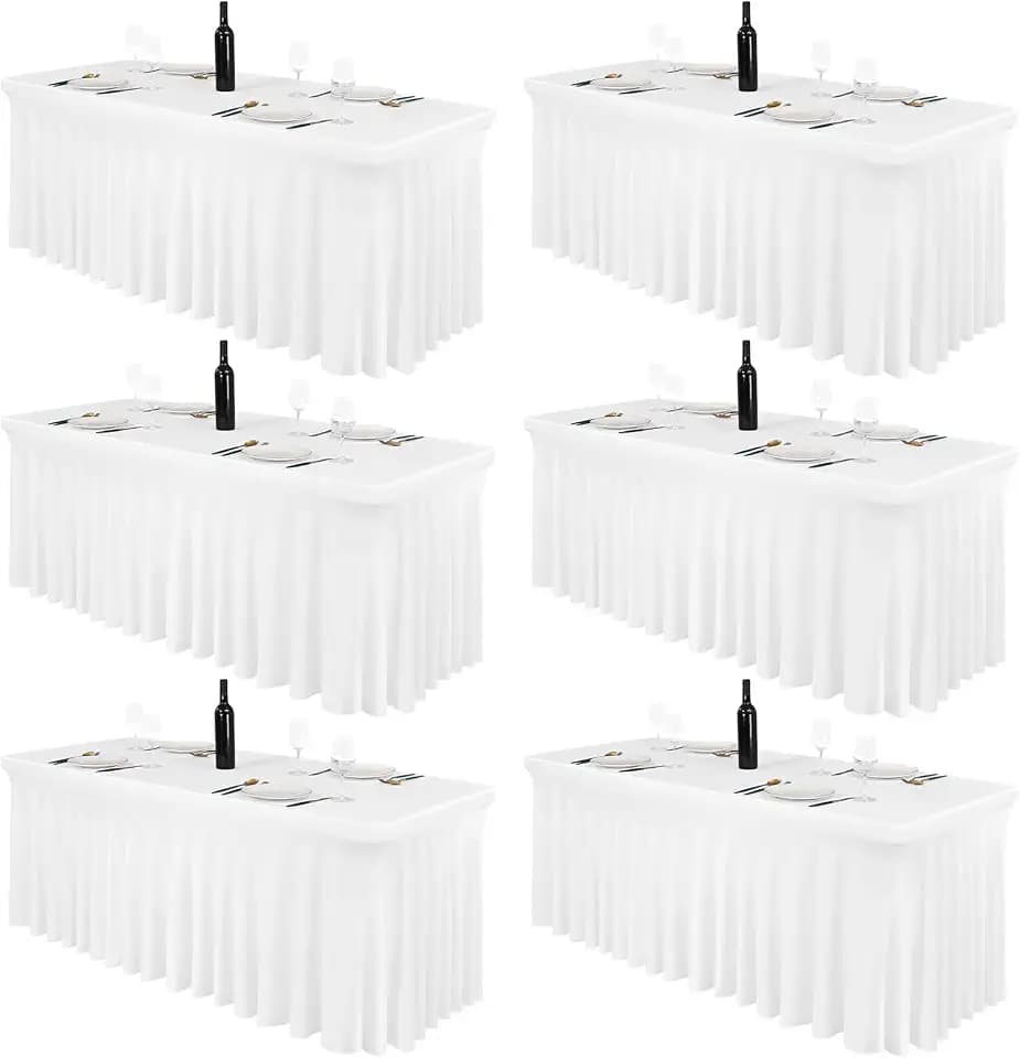 Pesonlook 6 Pack Spandex Table Skirt for 6 Ft Rectangle Tables, White Fitted Stretch Tablecloth 30 x 72 Inch, Wrinkle Resistant Ruffle Design for Wedding Banquets, Birthday Party, Parties