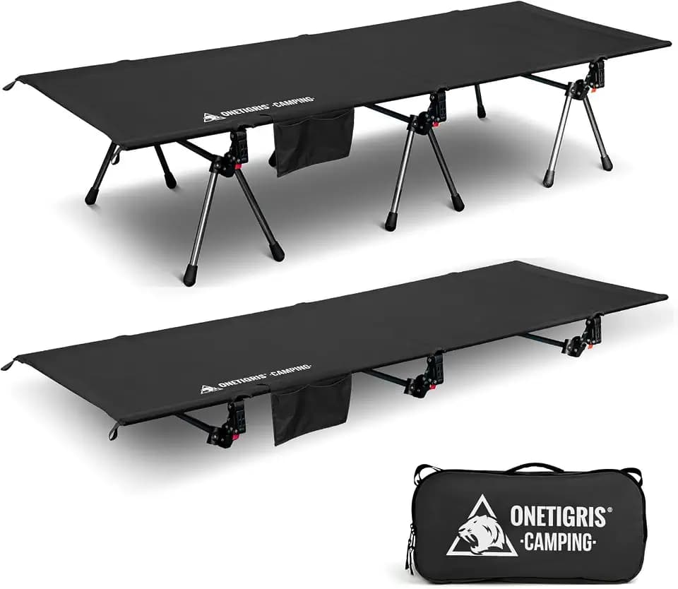 ONETIGRIS SUPRANUBIS Camping Cot, Height Adjustable with Cot Leg Extenders, Strong Support 330lbs, Lightweight Comfortable Folding Bed for Camping, Hiking, Travel, Truck, Beach, Office Nap