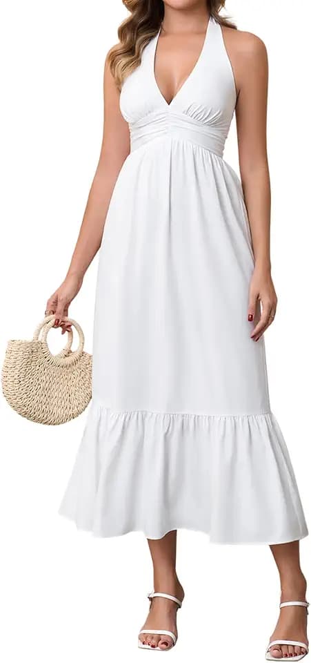 Women's Halter Maxi Corset Boho Flowy Summer Wedding Guest Dress