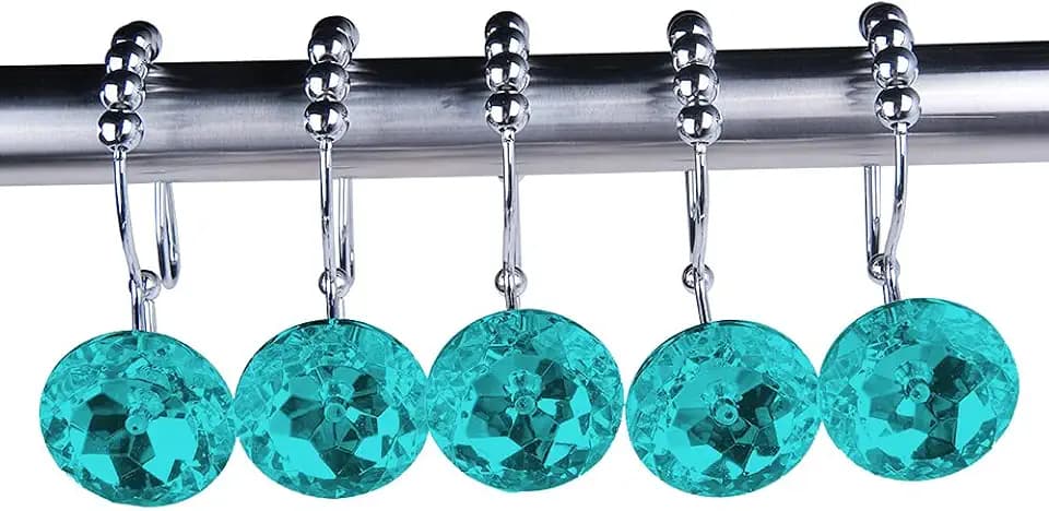 Rustproof Stainless Steel Decorative Shower Curtain Hooks Double Glide Shower Curtain Rings with Acrylic Crystal Rhinestones to Hang Curtain and Liner At Same Time, Set of 12 (Teal)
