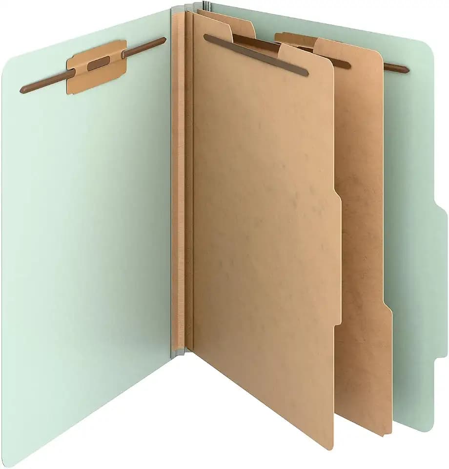 Staples Heavy‑Duty Pressboard Classification Folder, Letter Size, 2 Dividers, 2″ Expansion, Green, Durable Construction, 10/Pack