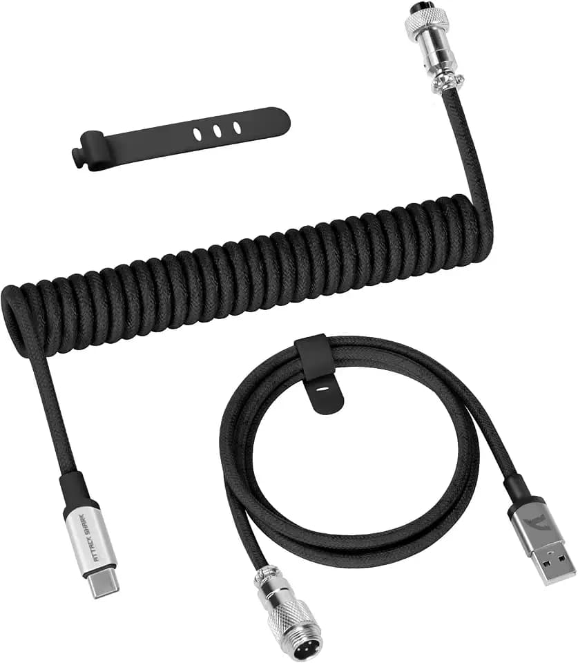 ATTACK SHARK C01 PRO USB C Spiral Tastaturkabel, Geflochtenes Coiled Kabel für Gaming Tastatur, Typ C auf USB A mit Abnehmbarem Luftfahrtstecker für Mechanische Tastatur/PC/Smartphone, Schwarz