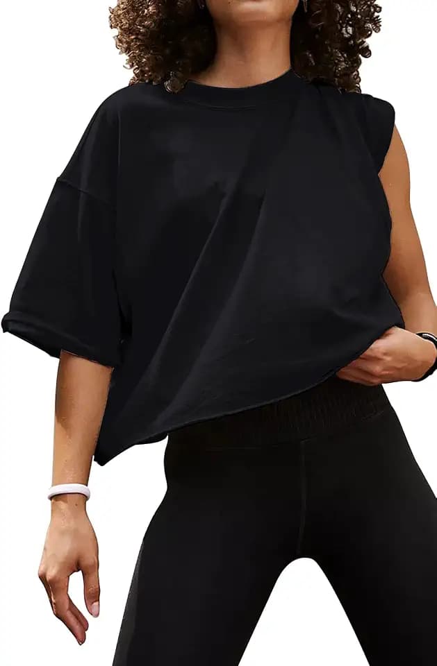HUGOOME Womens Oversized Workout Crop Top Casual Short Sleeve Boxy Roll Hem