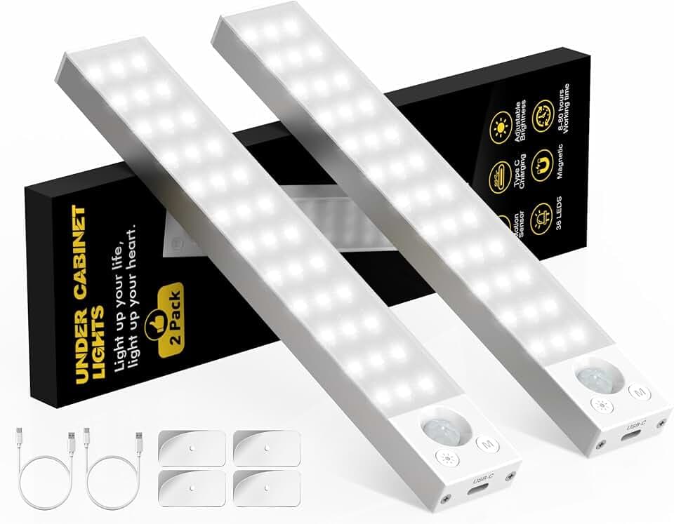 Under Cabinet Lighting 1800mAh Long Battery Life,2 Pack Dimmable Motion Sensor Light Indoor,USB C Rechargeable Under Cabinet Lights Wireless,Under Counter Lights for Kitchen Drawers, Wardrobe, Stair
