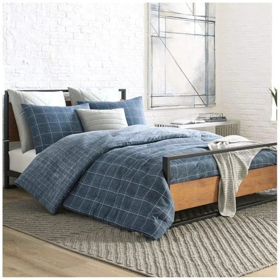 KENNETH COLE NEW YORK | Holden Grid Collection | Comforter Set - 100% Cotton Twill, Reversible, Breathable Bedding for All Seasons, Includes Matching Shams, King, Indigo