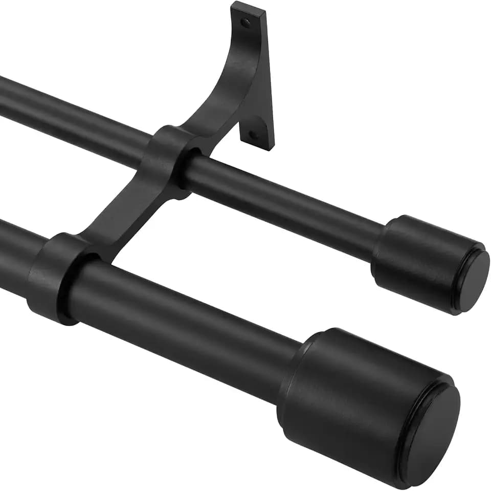 Double Curtain Rods Matte Black, Double Drapery Rod 120-210 Inch with Cap Finials, Adjustable 1 Inch Front and 5/8 Inch Back Dual Curtain Rod Window Rods