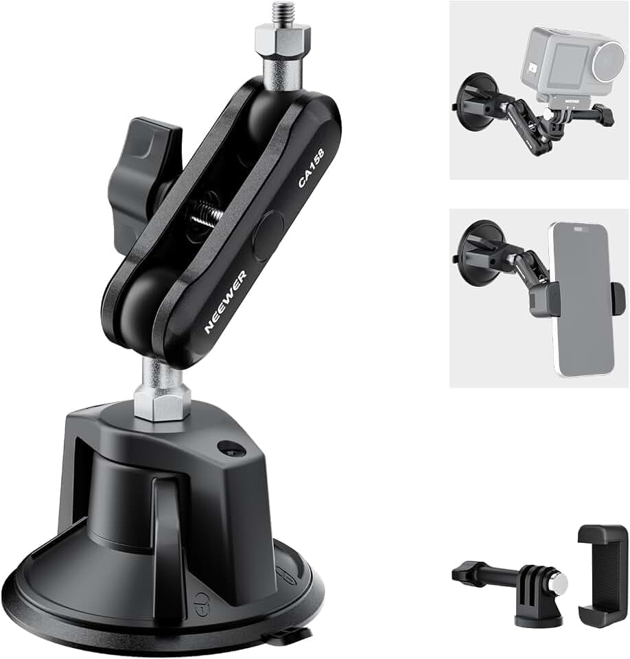 NEEWER Saugnapf Handy Halterung und Kamerahalterung kompatibel mit GoPro DJI Insta360 iPhone, Auto Smartphone Mount mit Action Cam Adapter, 360° Magic Arm für POV Windschutzscheibe Vlogging CA158