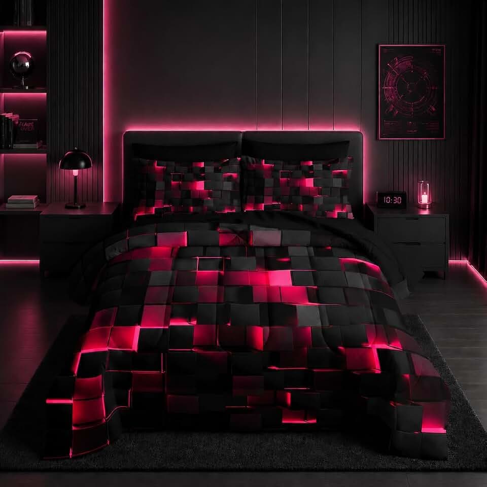 Nttopship Geometric Pink Black King Comforter Set,Light Honeycomb Bedding Set 7 Piece in A Bag,Bed Sheet Set Geometry Decor,Microfiber Lightweight All Season
