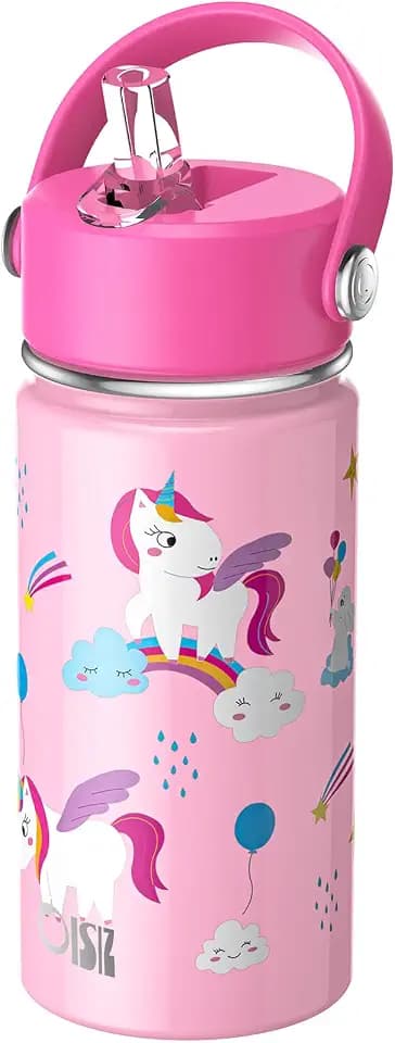 OISIZ Kids Water Bottle with Straw Lid 14oz, Vacuum Insulated 316 Stainless Steel Water Bottles for Kids for School, Leakproof Water Bottle, BPA Free and Keep Cold for 24 Hours